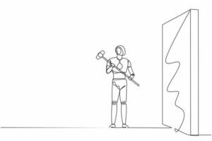 Continuous one line drawing robot standing and holding big hammer while facing wall. Humanoid robot cybernetic organism. Future robotic development. Single line draw design vector graphic illustration