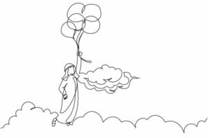 dibujo de una sola línea continua hombre de negocios árabe volando con globo a través de la nube. el empleado alcanza la meta, el objetivo, encuentra la solución. libertad financiera. ilustración de vector de diseño gráfico de dibujo de una línea