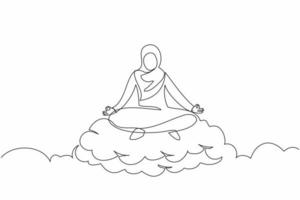 Single continuous line drawing relaxed Arab businesswoman meditates in lotus position on cloud. Restful Arabian female relaxing with yoga pose. Dynamic one line draw graphic design vector illustration