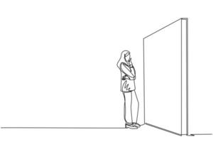 una sola línea dibujando a una mujer de negocios árabe pensando frente a un gran obstáculo o pared. que representa la gestión de riesgos. encontrar solución y concepto de resolución de problemas. vector de diseño de dibujo de línea continua