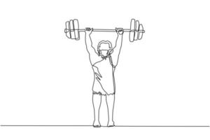 Continuous one line drawing prehistoric man as weightlifter lifting barbell. Young man from the stone age. man keeping fit by weight lifting. Single line draw design vector graphic illustration