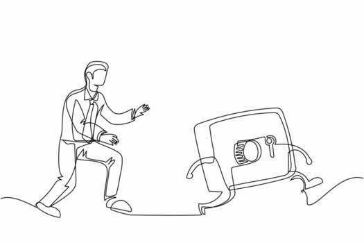 hombre de negocios de dibujo de una sola línea corre persiguiendo intenta atrapar la caja de seguridad. concepto de seguridad, protección, banca, financiera. metáfora empresarial. ilustración de vector gráfico de diseño de línea continua