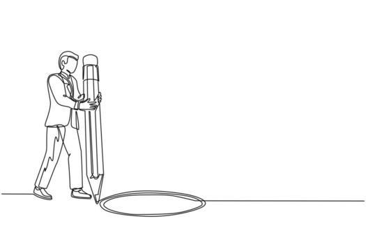 hombre de dibujo de una sola línea haciendo círculo de agujeros con lápiz grande. empresario de trampas de negocios haciendo trampa de agujeros. metáfora. falla. vencer. ilustración de vector gráfico de diseño de dibujo de línea continua