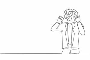 Continuous one line drawing businessman with round scribbles instead of a head. Man shocked, afraid, scared, terrified, fear expression. Stop gesture with palm hands. Single line graphic design vector