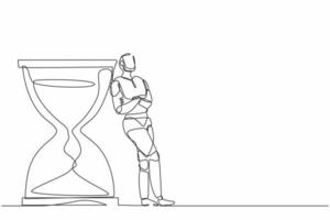 Single one line drawing robot lean on giant hourglass. Future technology development. Artificial intelligence and machine learning process. Continuous line draw design graphic vector illustration