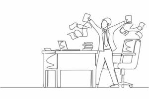 Continuous one line drawing happy businessman, company leader or office worker throwing documents in air, enjoying business success while sitting at workplace. Single line draw design vector graphic