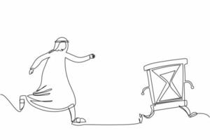 Single one line drawing Arab businessman chasing hourglass. Office worker run for finish working deadline. Time management. Business metaphor. Continuous line draw design graphic vector illustration