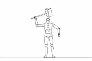 Single one line drawing robot standing and lifting up big hammer. Future technology development. Artificial intelligence machine learning process. Continuous line design graphic vector illustration