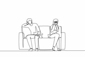 Single one line drawing sad unhappy husband and wife sitting on couch and keeping silence after quarrel at home. Problems in communication and fight. Continuous line design graphic vector illustration