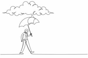 Continuous one line drawing protective businesswoman walking with umbrella stand under rain cloud. Depression, passerby at rainy weather. Drenched woman. Single line design vector graphic illustration