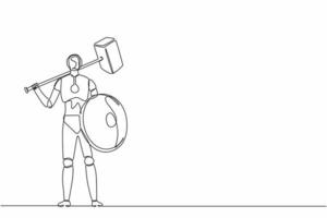 Single continuous line drawing robot standing holding hammer and shield. Modern robotics artificial intelligence technology. Electronic technology industry. One line graphic design vector illustration