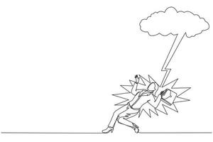 Single continuous line drawing businesswoman struck by lightning or thunder from dark cloud. Bad luck, misery, unfortunate, unlucky, disaster, risk, and danger. One line draw graphic design vector