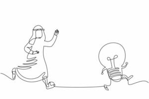 Single one line drawing Arab businessman chasing light bulb. Imagination for new business or brainstorm ideas. Motivated employee seek solution. Continuous line draw design graphic vector illustration