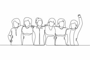 Continuous one line drawing group of women are hugging. Female together. Happy friendship day with diverse friends of people hugging together to celebrate special event. Single line draw design vector