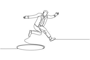 Single continuous line drawing businessman jumping through the hole, metaphor to facing big problem. Business struggles. Strength for success. Dynamic one line draw graphic design vector illustration