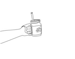 Continuous one line drawing hand holding smoothie juice in glass cup with fruit slice on top. Cold soft drink for summer. Healthy beverage. Vitamin C food. Single line draw design vector illustration