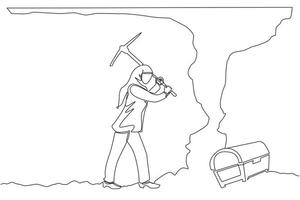 Continuous one line drawing Arabian businesswoman digging with pickaxe looking for hidden treasures. Woman digging and mining for treasure chest in underground tunnel. Single line draw design vector