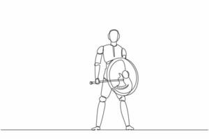 Single continuous line drawing robots standing holding axe and shield. Modern robotics artificial intelligence technology. Electronic technology industry. One line graphic design vector illustration