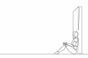 Single continuous line drawing robot sitting on floor and lean against wall. Failure, sad, lonely. Robotic artificial intelligence. Electronic technology. One line graphic design vector illustration