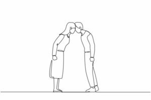 Continuous one line drawing couple man and woman arguing scream at each other engaged in family fight. Stubborn angry husband and wife yell shout, argue quarrel at home. Single line draw design vector