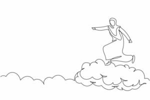 Single continuous line drawing successful Arab businesswoman on cloud and pointing forward. Arabian female manager go to future, way to success path. One line draw graphic design vector illustration