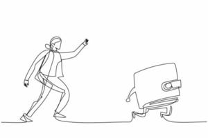 Single one line drawing businesswoman chasing wallet, trying to catch it, return her money. Financial crisis, ROI, return on investment business. Continuous line design graphic vector illustration