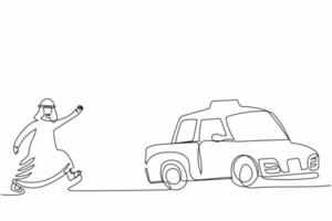 Continuous one line drawing Arab businessman running chasing taxi. Arabian manager in a hurry running to get a car, move with great haste to catch public transportation. Single line draw design vector