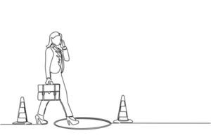 Single one line drawing businesswoman talking on cell phone and she does not see the hole in front. Woman walks to business trap. Metaphor. Modern continuous line design graphic vector illustration