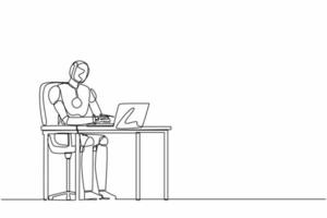 Continuous one line drawing robot working, typing and sending messages at desk. Humanoid robot cybernetic organism. Future robotics development. Single line draw design vector graphic illustration