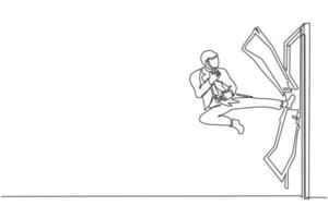 Continuous one line drawing businessman kicks the door with flying kick until door shattered. Man kicking locked door. Business concept of overcoming obstacles. Single line draw design vector graphic