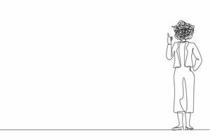 Single one line drawing businesswoman with round scribbles instead of head. Female manager pointing finger up gesture. Idea, innovation, invention, problem solving. Continuous line draw design vector