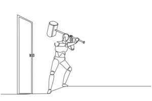 Single continuous line drawing robot holding large hammer to destroying door. Future technology development. Artificial intelligence and machine learning process. One line draw graphic design vector