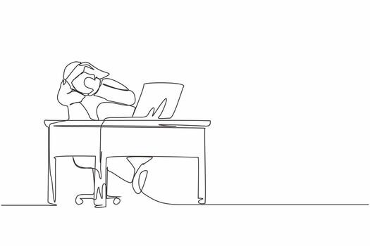 Continuous one line drawing scared Arab man manager looking at laptop computer screen. Shocked male watching video on his notebook computer at home. Single line draw design vector graphic illustration