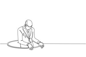 Continuous one line drawing businessman trying to get out of from hole, metaphor to facing big problem. Business struggles. Strength for success. Single line draw design vector graphic illustration