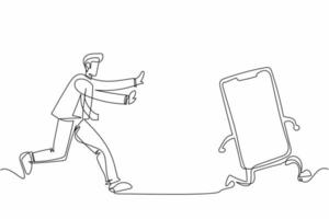 Continuous one line drawing businessman run chasing try to catch smartphone. Concept of talking, communication, technology, speaking. Business metaphor. Single line design vector graphic illustration