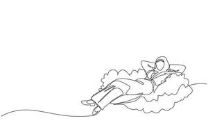 Single one line drawing relaxed and successful happy Arabian businesswoman relaxing laying on clouds. Break, vacation, coffee time, relaxation. Continuous line draw design graphic vector illustration