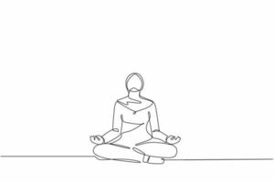 Continuous one line drawing Arabian businesswoman doing yoga. Office worker sitting in yoga pose, meditation, relaxing, calm down and manage stress. Single line draw design vector graphic illustration