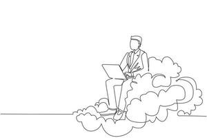 Single one line drawing businessman sitting on cloud in sky and working with laptop. Wireless connection. Social networking and chatting using cloud storage. Continuous line draw design graphic vector