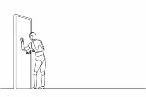 Continuous one line drawing robots standing in front of room and knocking door. Humanoid robot cybernetic organism. Future robotics development concept. Single line design vector graphic illustration