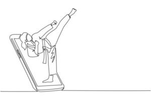 Una sola línea continua dibujando a una mujer de taekwondo con uniforme de lucha haciendo una pose de patada saliendo de la pantalla del smartphone. Partidos deportivos móviles. aplicación móvil de juego de taekwondo en línea. vector de diseño de dibujo de una línea
