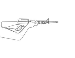 mano de dibujo de una sola línea que sostiene la máquina automática m-16. rifle de asalto táctico. armas del ejército y la policía. poderosa arma mortal para el arma de fuego de la unidad especial. vector de diseño de dibujo de línea continua