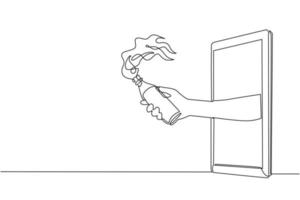 Single one line drawing hand holding molotov cocktail through mobile phone. Concept of battle video games, e-sport, entertainment application for smartphone. Continuous line draw design graphic vector