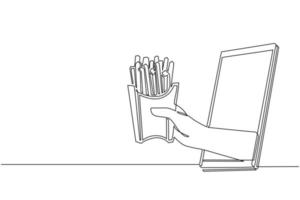 Single continuous line drawing hand holding french fries in paper box through mobile phone. Concept of restaurant order delivery online food. App for smartphones. One line draw graphic design vector