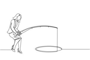 Single continuous line drawing businesswoman holding fishing rod from hole. Woman fishing with rod. Business investment concept. Make money from idea. One line draw graphic design vector illustration