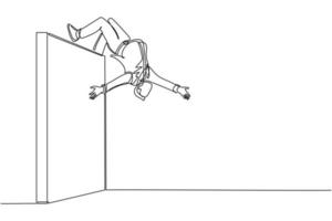 Single one line drawing businessman jumping over brick wall with acrobatic over head style to achieve his goal. Businessman jumping over the wall of barriers. Modern continuous line draw design vector