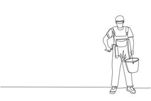 Single continuous line drawing man holds roller with paint and bucket of paint, home repairs, painting walls in house, apartment, professional painter. One line draw graphic design vector illustration