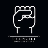 Raised fist pixel perfect white linear icon for dark theme. Gesture of protest and resistance. Thin line illustration. Isolated symbol for night mode. Editable stroke vector