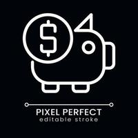 Piggy bank pixel perfect white linear icon for dark theme. Money savings. Business investment. Thin line illustration. Isolated symbol for night mode. Editable stroke vector