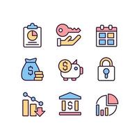 Corporate management pixel perfect RGB color icons set. Finance and banking. Company security. Analytics. Isolated vector illustrations. Simple filled line drawings collection. Editable stroke