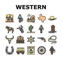 vaquero occidental y sheriff hombre iconos conjunto vector